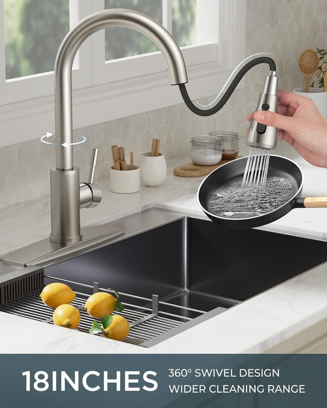 Brushed Nickel Pull Down Kitchen Faucet with Deck Plate for 1 3 Hole Sinks1
