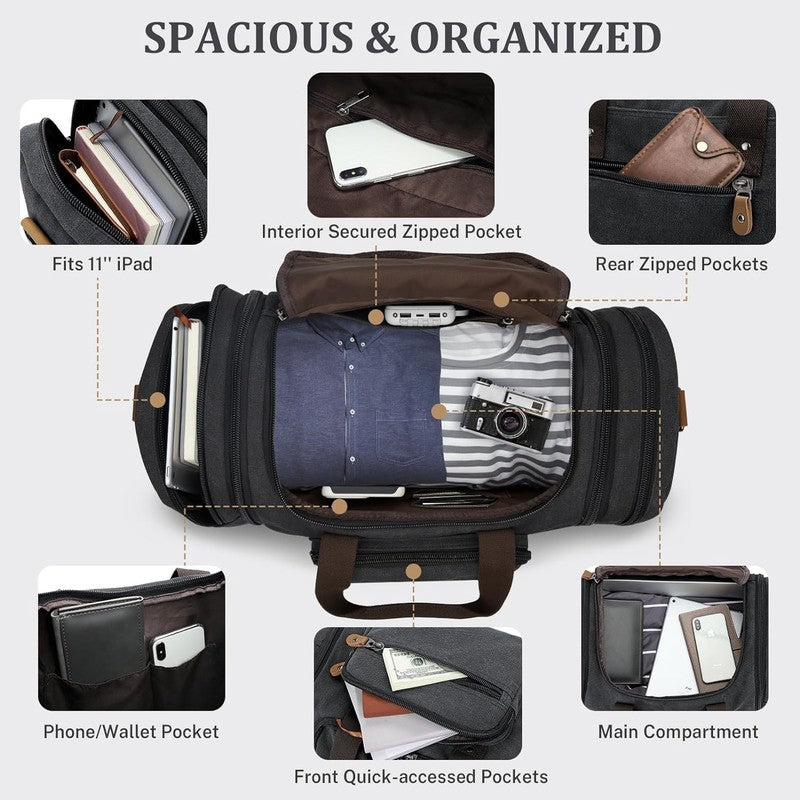 60L Expandable Canvas Duffle Bag Dark Gray Travel Weekender Carry On5