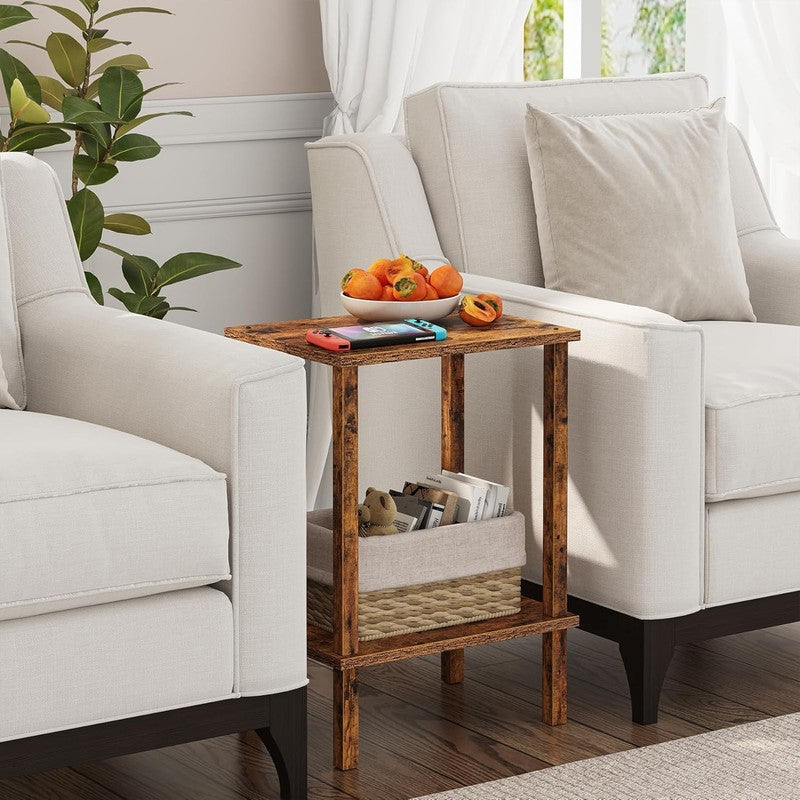 Set of 2 End Tables Nightstand 2 Tier Storage Shelf Side Table Brown5