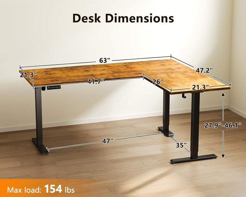 63” Reversible L-Shaped Electric Standing Desk Height Adjustable Rustic Brown2