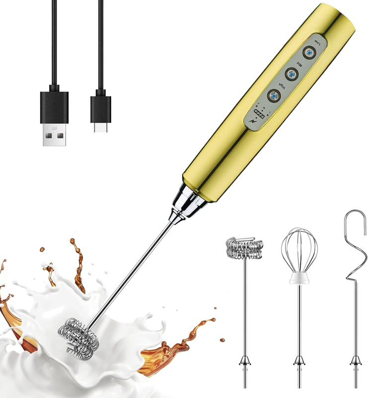 Milk Frother Handheld Champagne Gold Rechargeable 3 Speed 3 Heads Whisk9