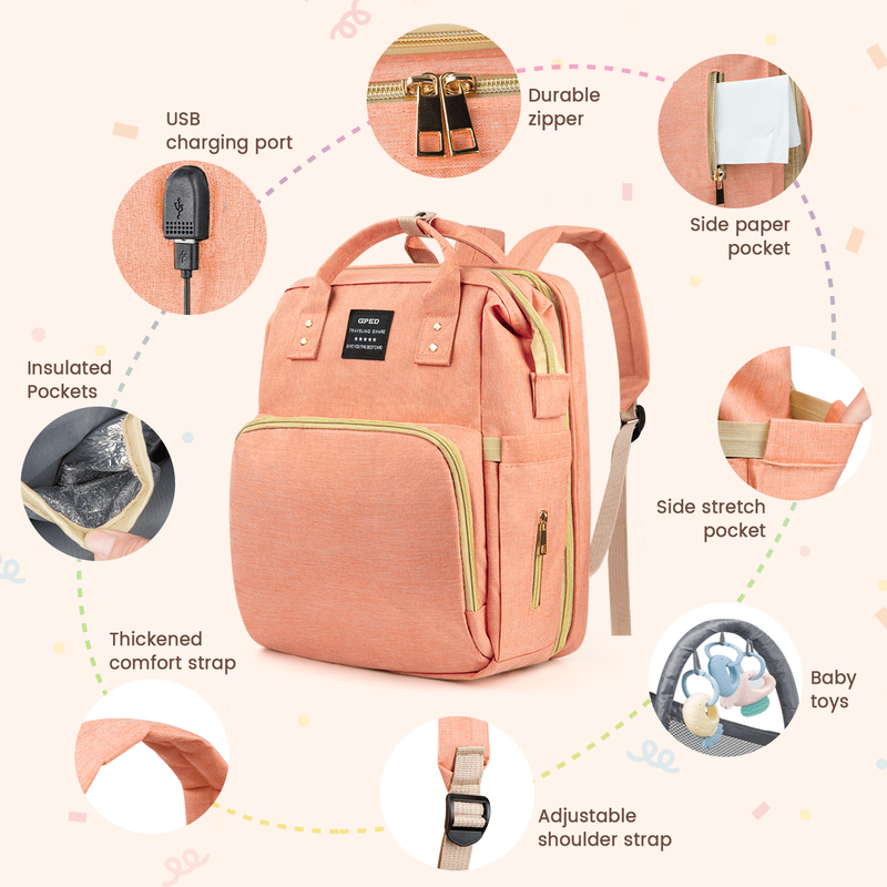 Diaper Bag Backpack w/ Crib, USB, Bottle Holders – Pink Travel Nappy Bag3