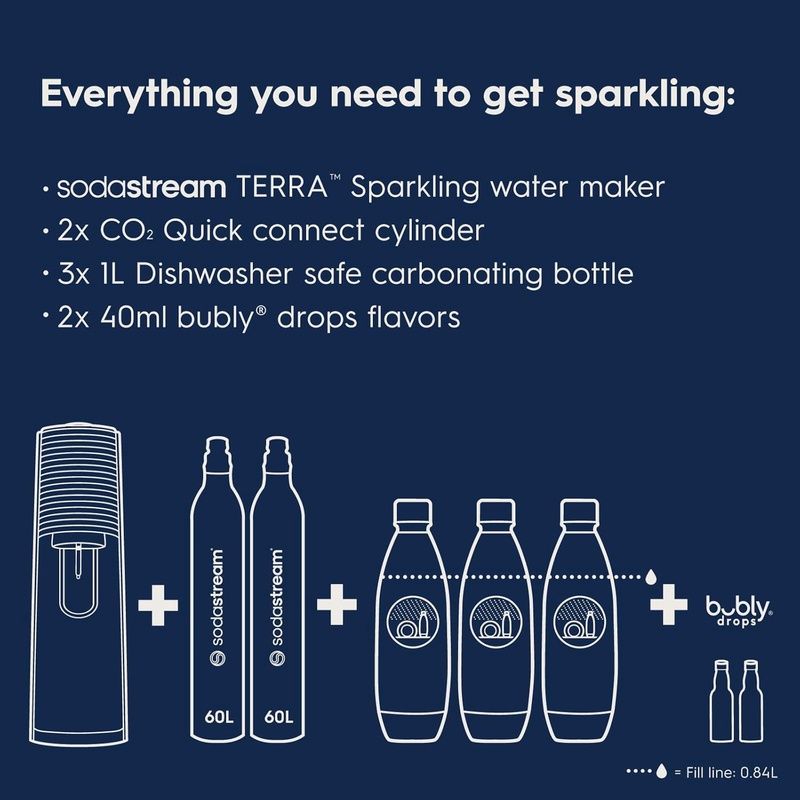Terra Sparkling Water Maker Value Bundle w/ CO2 Cylinders Bottles Flavor Drops2