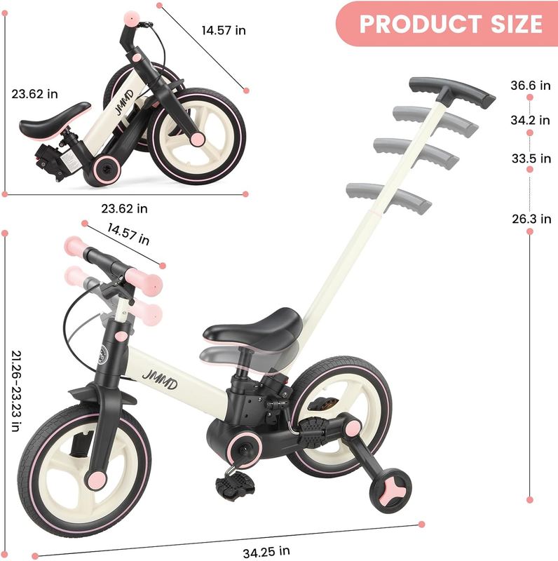 6-in-1 Toddler Bike 12" Balance Bike Push Handle Training Wheels Kids7