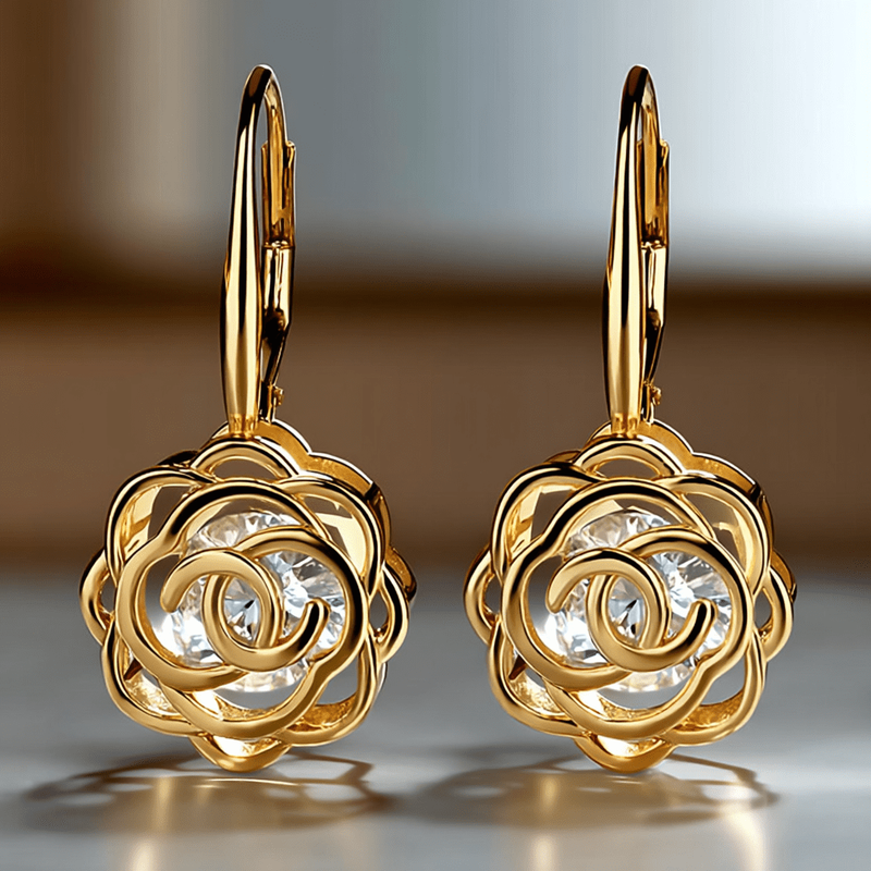 14K Yellow Gold Plated Caged with Crystals Rose Lever Back Earrings1