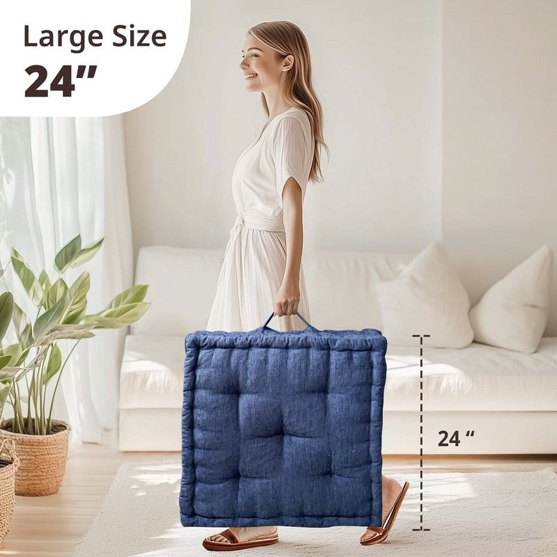 Large Tufted Floor Pillow 24"x24" Chenille Meditation Cushion Navy2