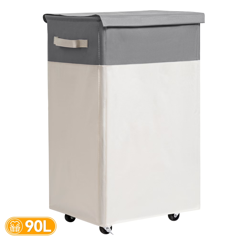 90L Rolling Laundry Hamper w/ Lid & Wheels, Collapsible Basket – Beige, 27.6"0