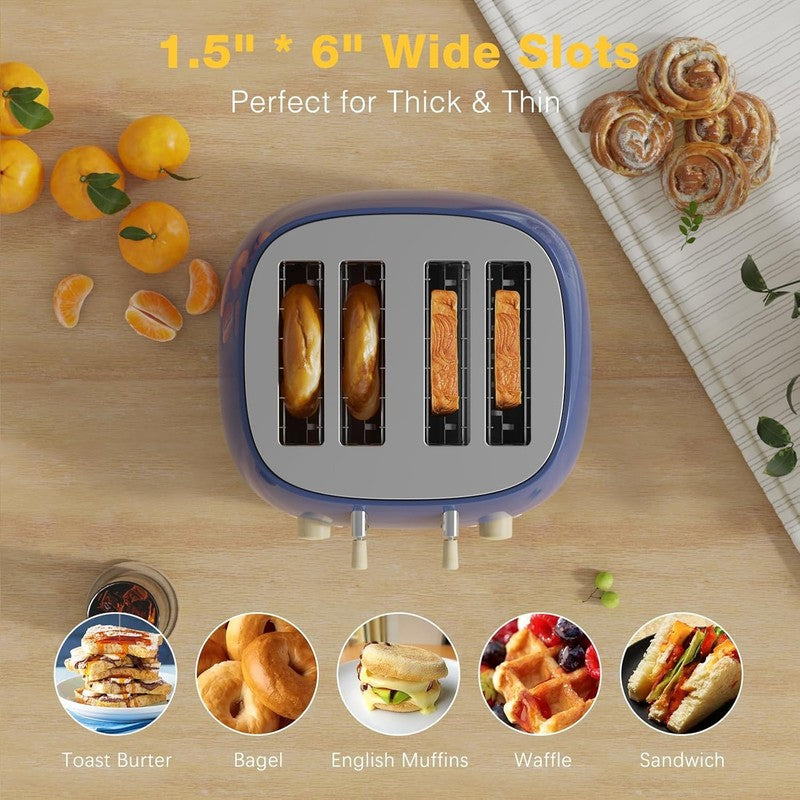 Retro 4 Slice Toaster Stainless Steel Extra Wide Slots Bagel Defrost Cancel Blue2