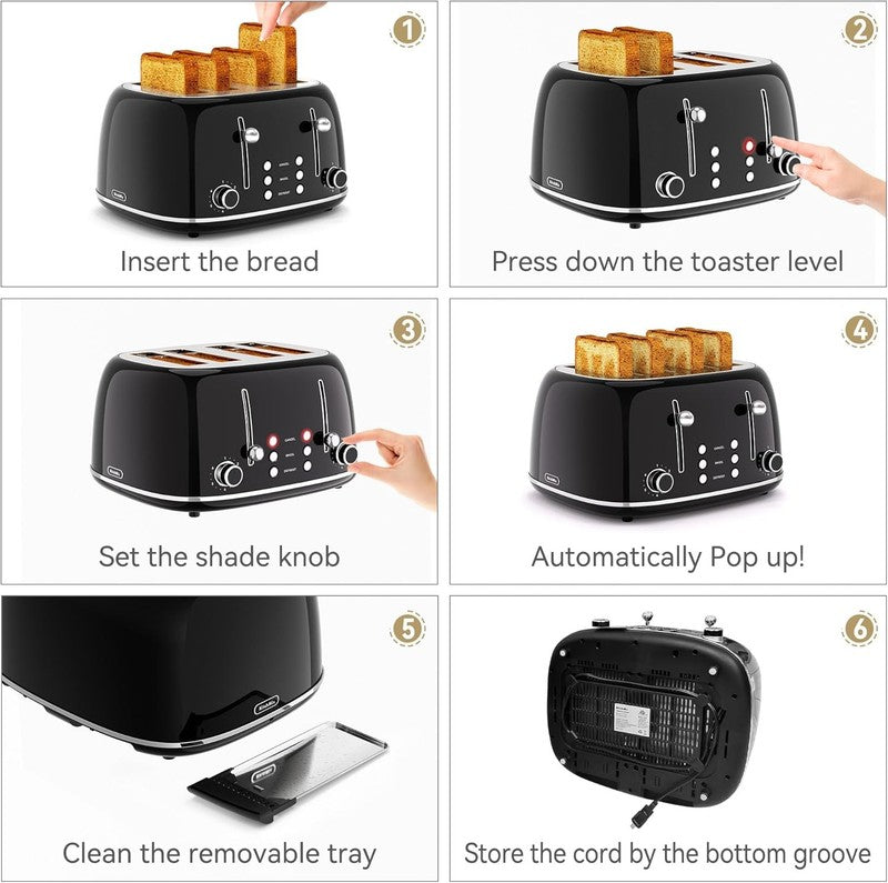 4-Slice Retro Toaster Stainless Steel 6 Shade Settings Cancel/Defrost/Reheat4