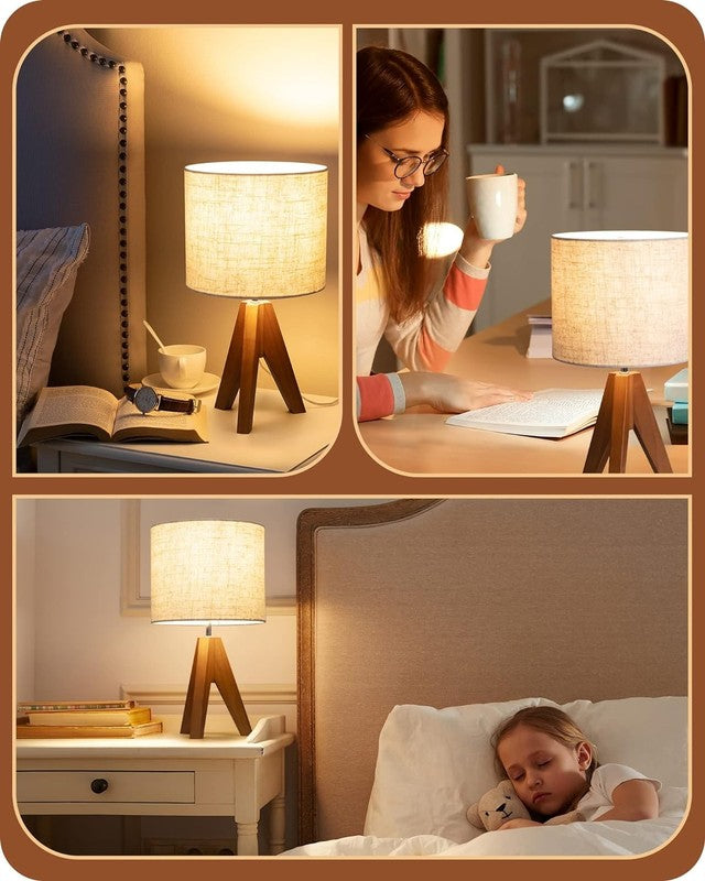 Tripod Table Lamp Small Bedside Lamp Linen Shade Wood Base 14.2in E261