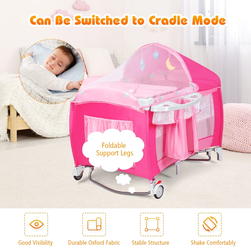 Foldable Baby Crib Playpen Travel Infant Flat Bassinet Bed Mosquito Net Music wi8
