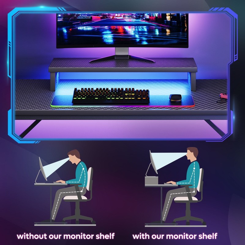 42" PC Gaming Desk w/ LED Lights, Monitor Stand, Headphone Hook Black6