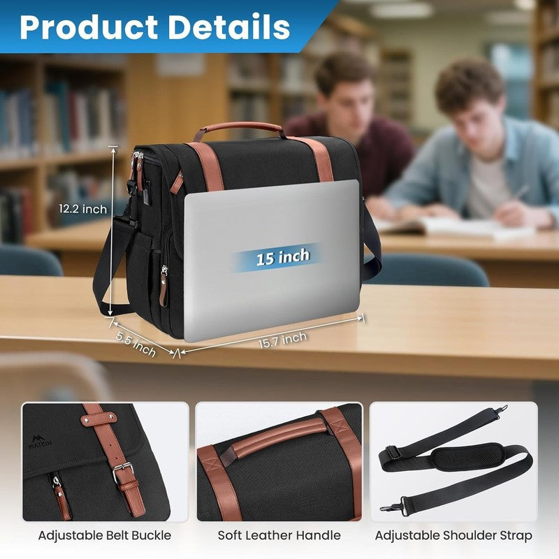 Messenger Bag 15.6 Inch Laptop USB Charging Port Water Resistant Satchel Black6