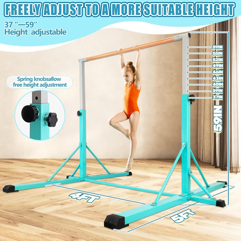 Kids Gymnastics Bar 35" 60" Adjustable Kip Bar 4FT Wide Base Home Training1