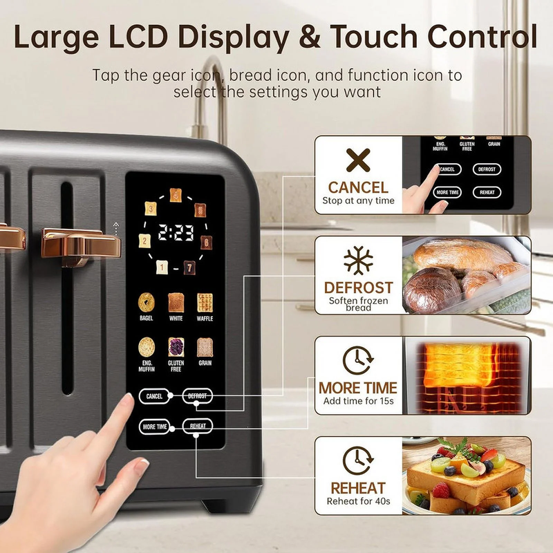 4 Slice Toaster Touch Screen Long Slot, Touch Screen for Dual Control, 7 Shade S6