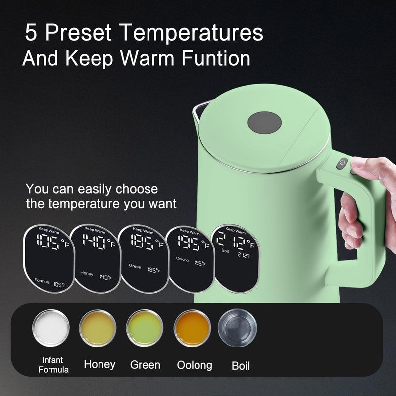 Electric Kettle 1.5L Stainless Steel Double Wall 5 Temp LED Keep Warm Green2