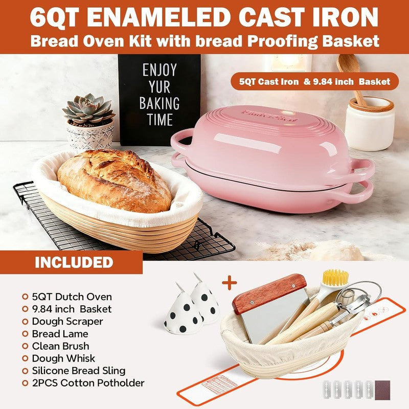 5QT Cast Iron Dutch Oven Bread Kit w/ Banneton Lame Sourdough Pink3
