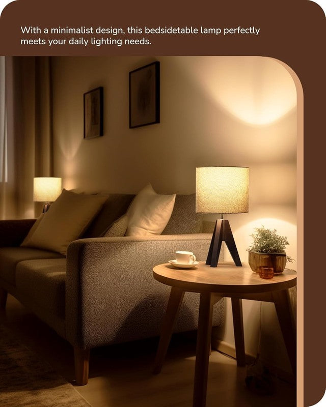 Boho Small Table Lamp Wooden Tripod Bedside Lamp Grey Linen Shade E26 14.2in6