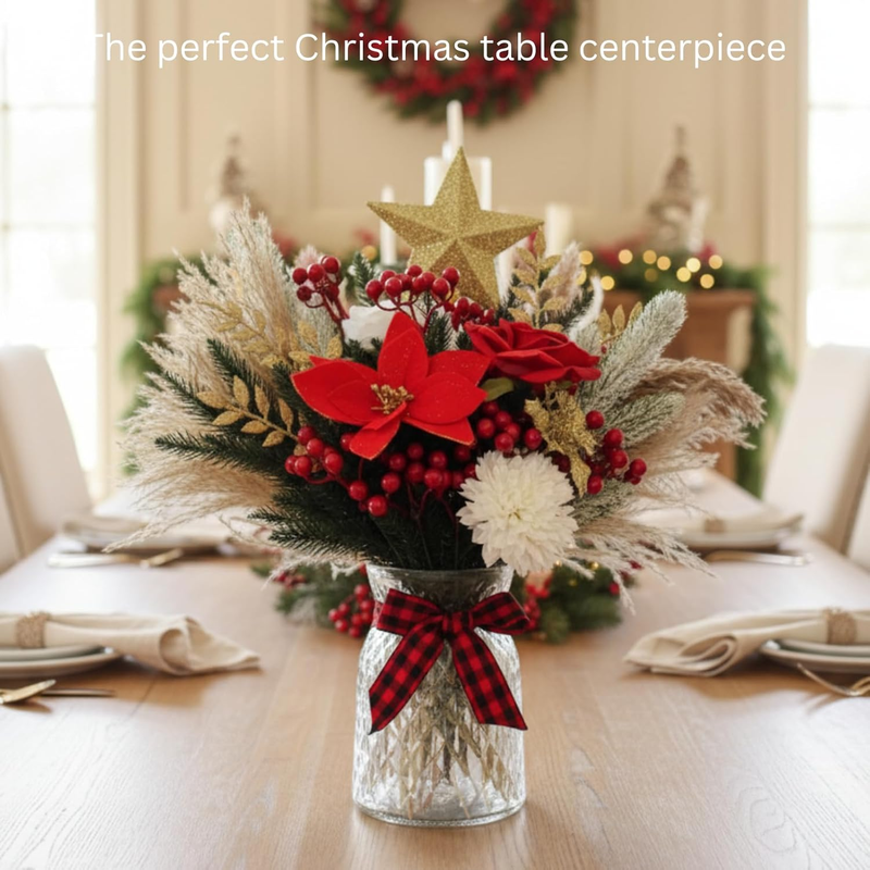 100 Pcs Christmas Centerpiece Floral Arrangement Red Berry Poinsettia Decor1