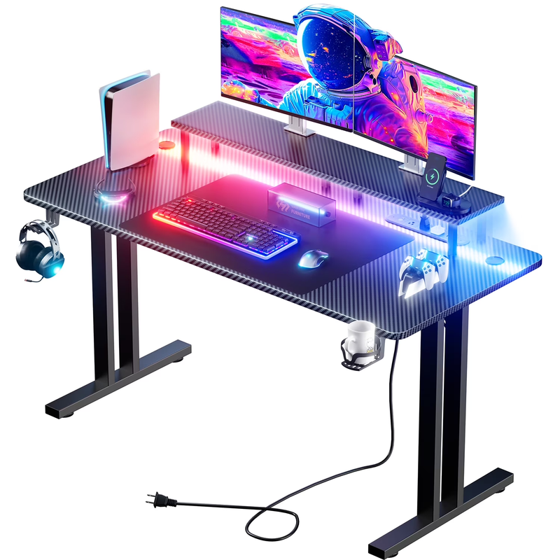 47" Gaming Desk w/ LED Lights & Power Outlet Computer Desk w/ Monitor Stand10