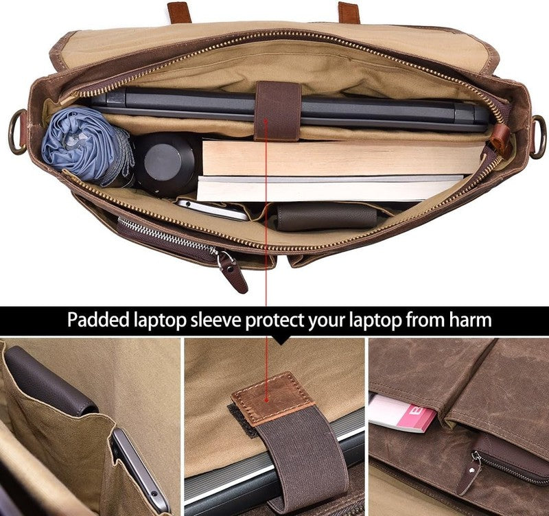 Men's 15.6" Waterproof Leather Canvas Laptop Messenger Bag Brown Satchel3