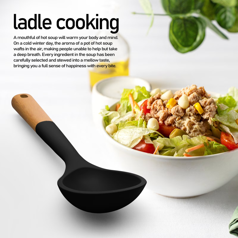 Large Silicone Kitchen Utensil Set Wooden Handle Heat Resistant Black3