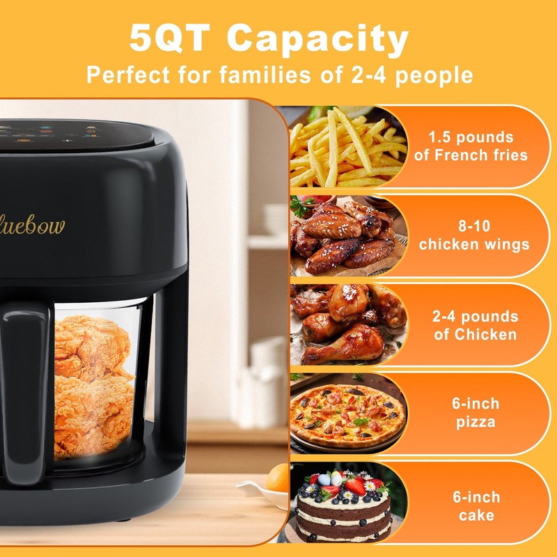 5QT Air Fryer, 360° Glass View, 8-in-1 Digital, Nonstick Basket, 1350W, Black4