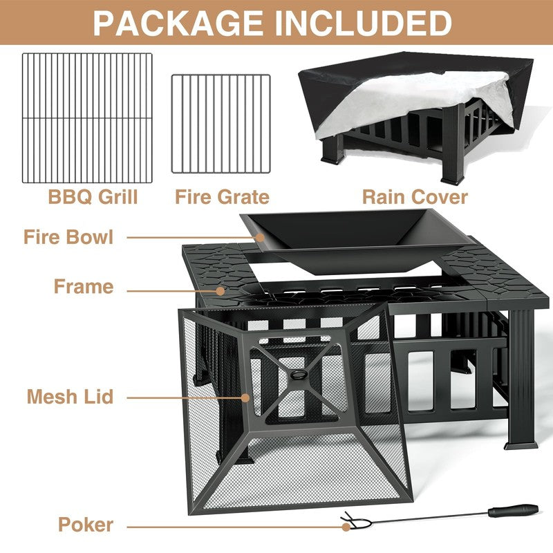 32" Wood Burning Fire Pit Table Square Metal w/ Mesh Lid, Poker, Cover, Black5