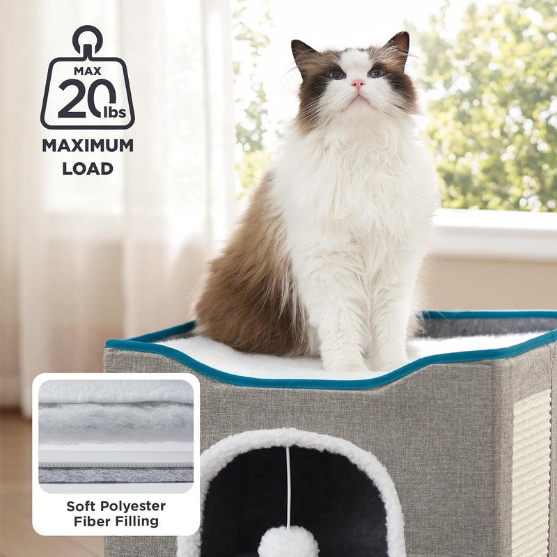 Large Foldable Cat House with Scratch Pad & Hanging Ball, 16.5"x16.5"x13", Grey1
