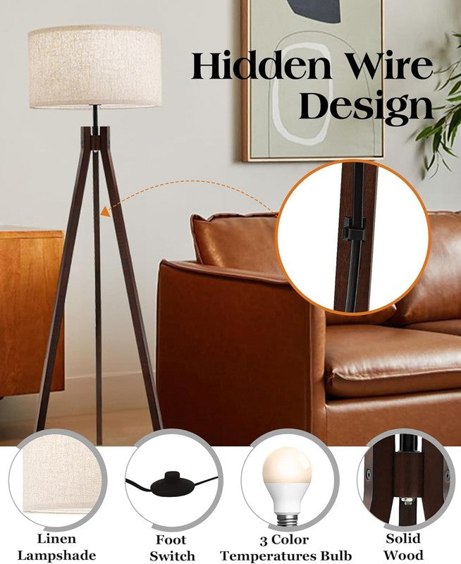 Wood Tripod Floor Lamp 3 Color LED Mid Century Reading Linen Shade Walnut2