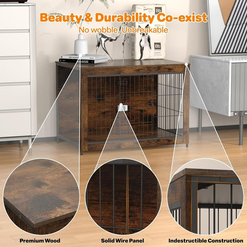 Wooden Dog Crate Furniture 33" w/ End Table Escape Proof Indoor Dog Kennel4