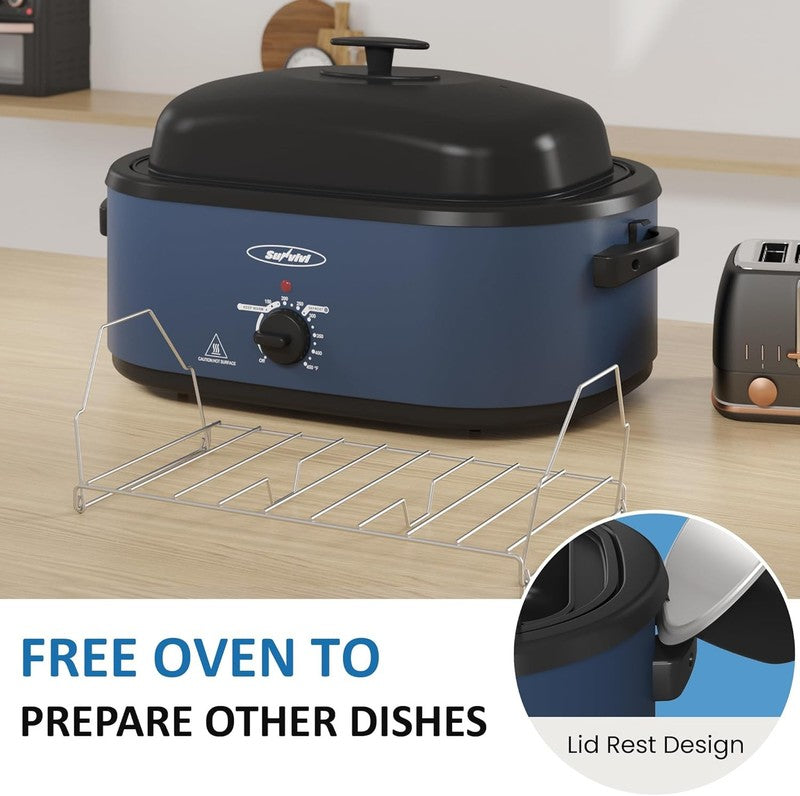 20Qt Electric Roaster Oven Stainless Steel Blue 3-Compartment Turkey Rack1