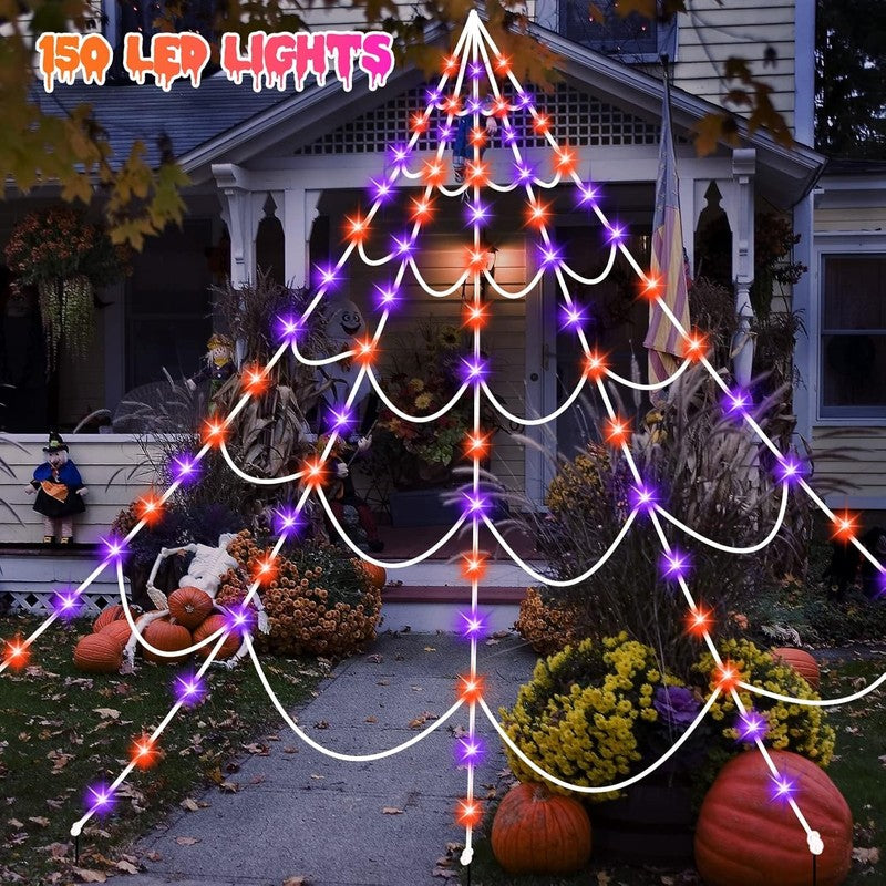 Halloween Spider Web Lights 150 LED, 16.4FT, 8 Modes, Purple/Orange, Outdoor1