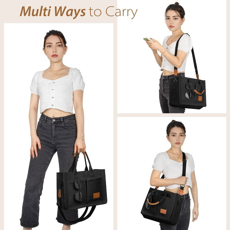 Canvas Tote Bag with Multi Pockets Large Crossbody Laptop Work Travel Tote Black5