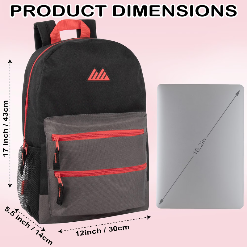 Black Red Multipocket Backpack 17" Travel School Commuter2
