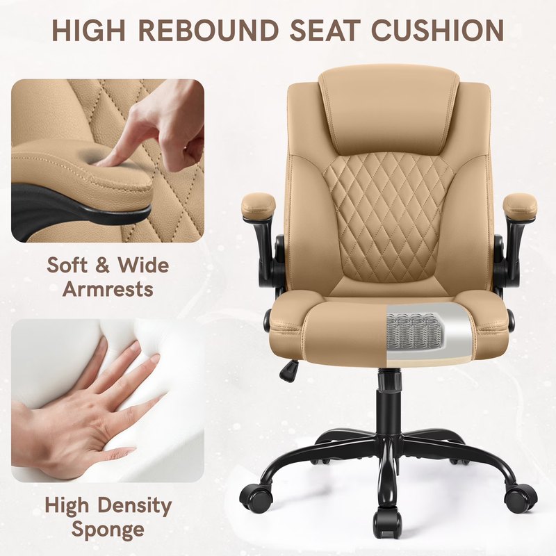 High Back Leather Office Chair Wide Seat Lumbar Support Tan3