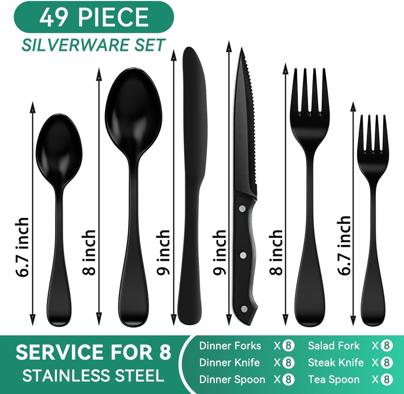 49Pc Black Silverware Set for 8 w/ Organizer Steak Knives Stainless1