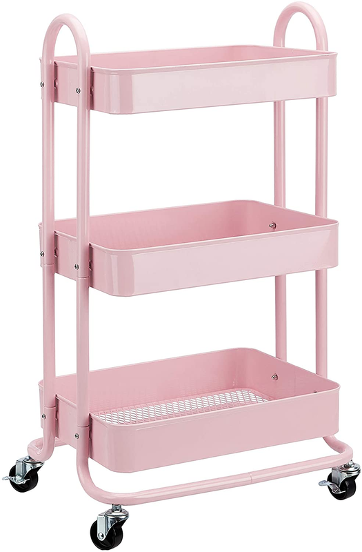 3-Tier Rolling Utility Cart with Lockable Wheels, Charcoal Storage Pink8