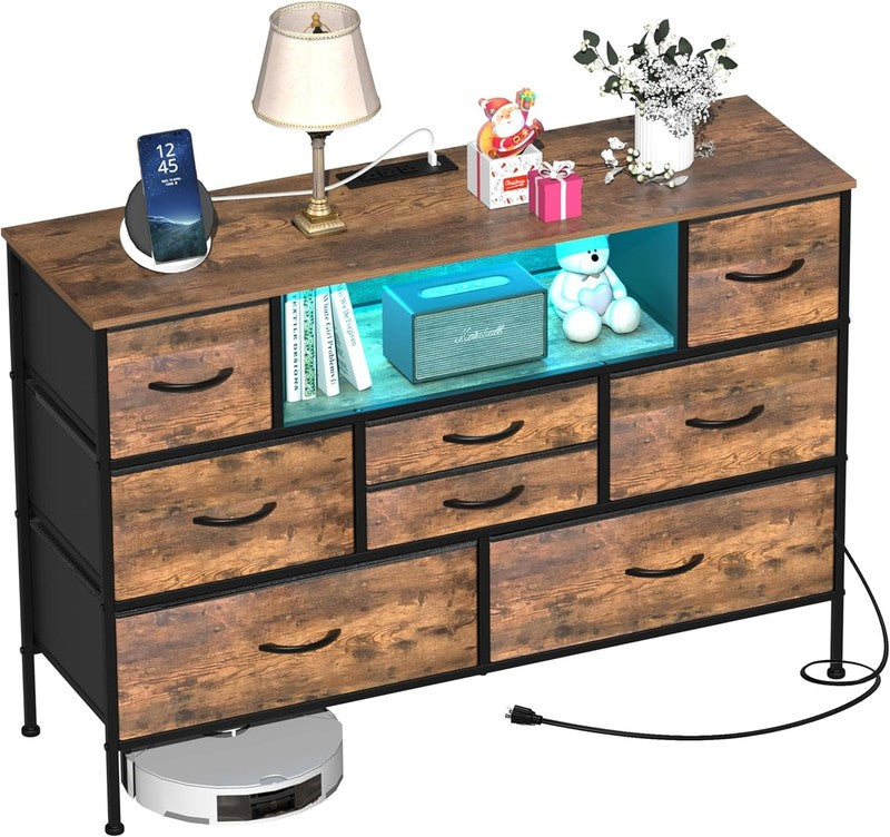 8 Drawer Dresser with Charging Station LED Light Fabric Drawers TV Stand Storage8