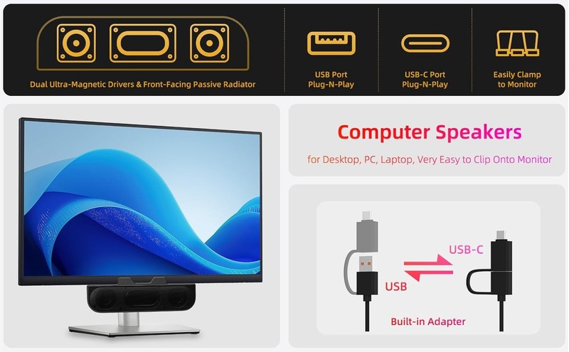 USB Computer Speaker for PC Monitor Loud Sound Bass Clamp with USB C Adapter1
