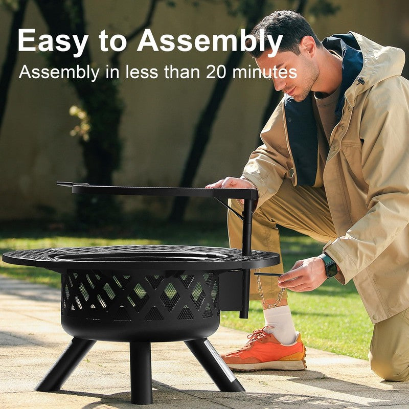 32" Wood Burning Fire Pit with Poker & Grill Outdoor Patio6