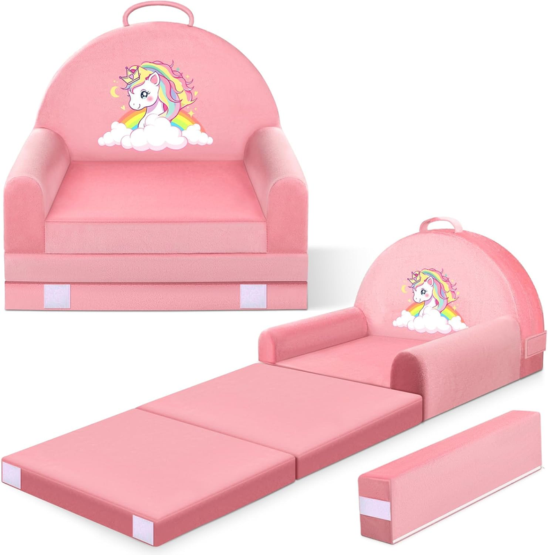 Unicorn Kids Foldable Sofa Bed w/ Washable Cover, Crystal Velvet Toddler Chair0