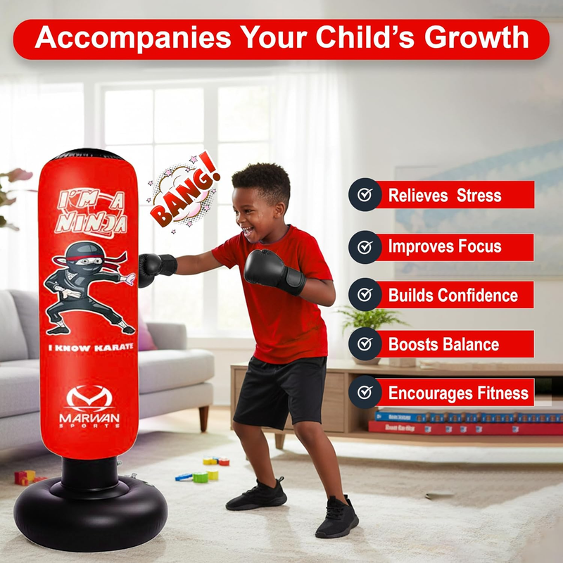 5 in 1 Inflatable Punching Bag 63" Karate Set w Gloves for Kids 4 122