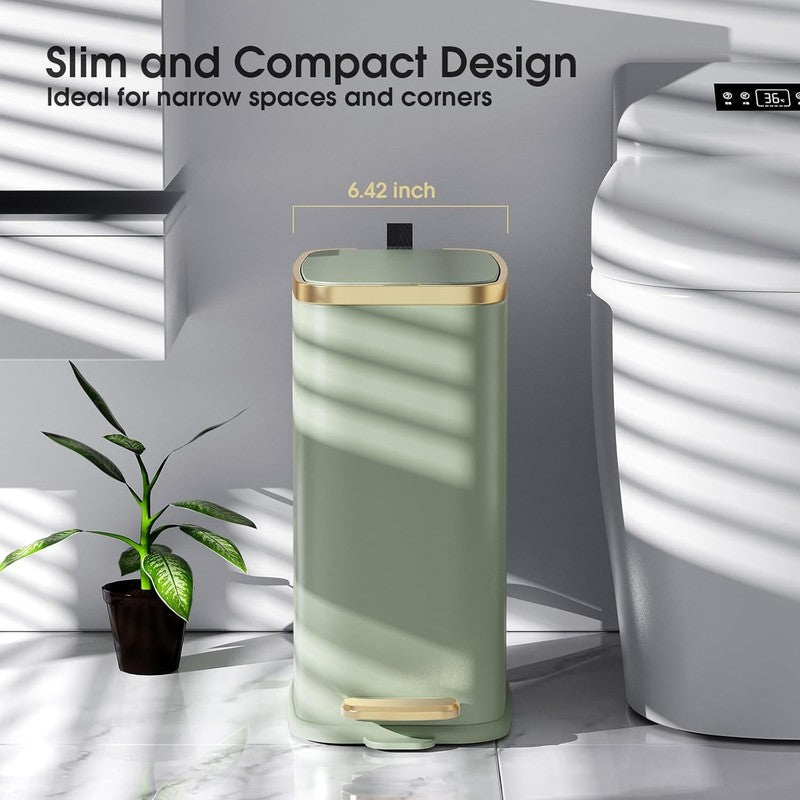 5L Bathroom Trash Can with Lid, Slim Step Waste Bin, Soft Close, Green1