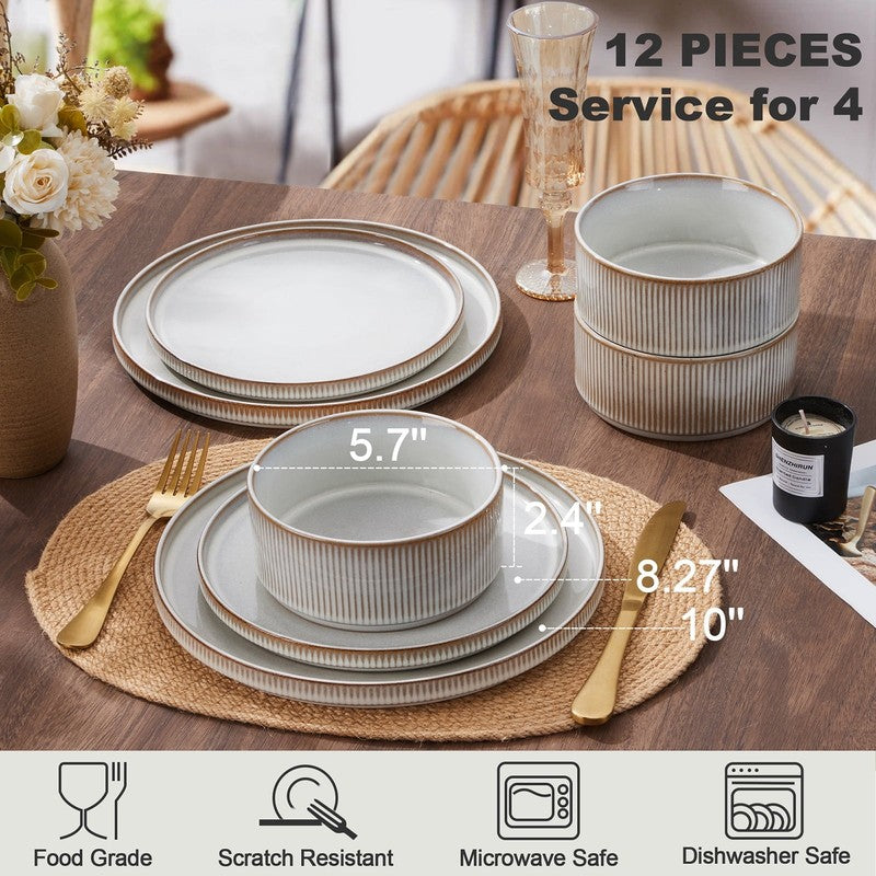 Dinnerware Set for 4, 12 Piece Premium Stoneware Ribbed Dishes with Reactive Gla1
