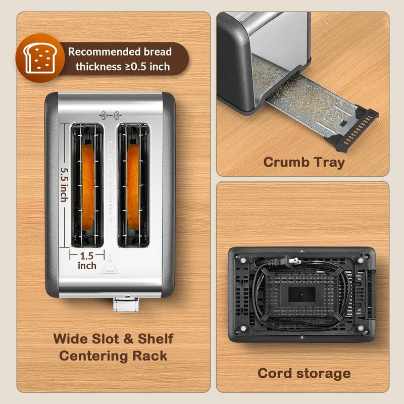 2 Slice Touchscreen Toaster, Stainless Steel, Countdown Timer, 6 Shade Settings,3