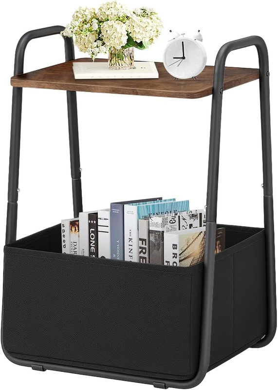 Rustic Brown Metal Nightstand Side Table with Fabric Basket Handle7
