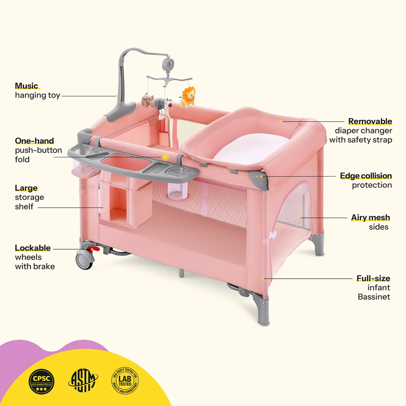 5 in 1 Baby Playard with Bassinet & Changing Table for Newborn, Pink1