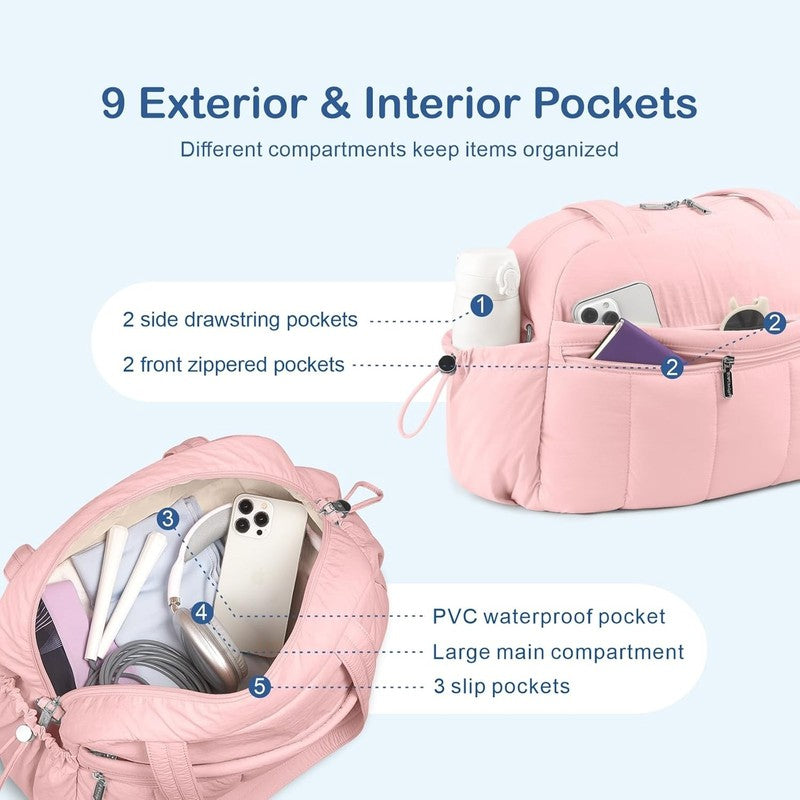 Travel Duffel Bag Women Puffer Gym Weekender Wet Pocket Carry On Baby Pink5
