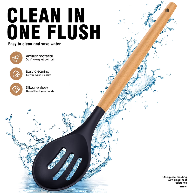 Silicone Kitchen Utensil Set Wooden Handle Holder Heat Resistant Navy Blue4